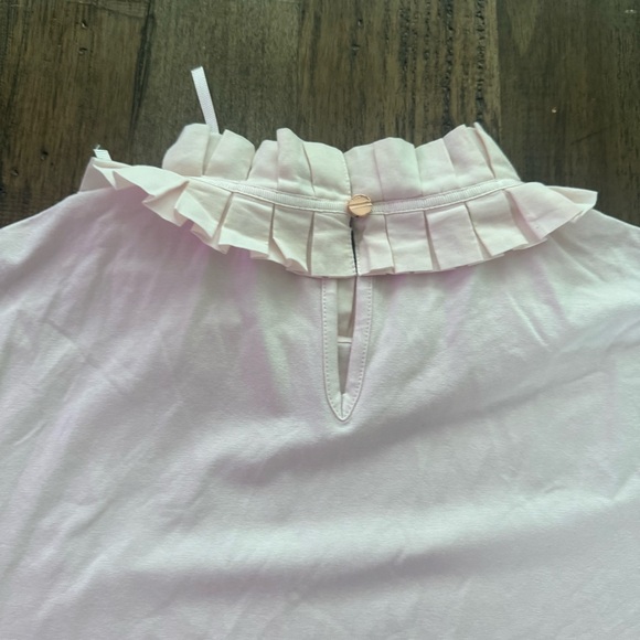 EUC Ted Baker Pink Ruffle Neck Tie Blouse Top Size 5 (XL) Mock Neck Short Sleeve - Picture 8 of 11